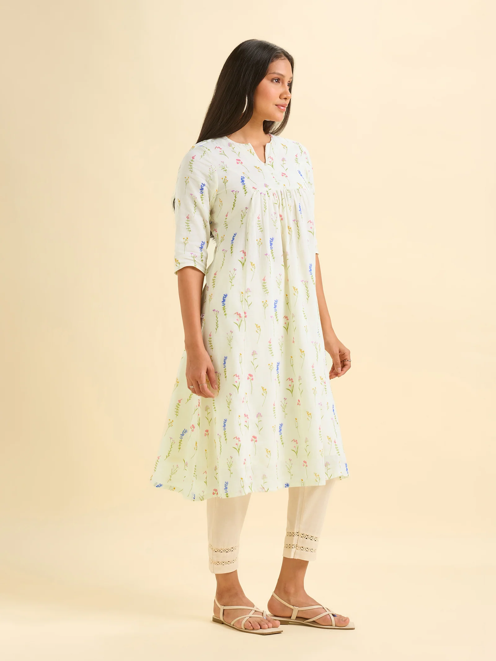 Ivory Pure Cotton Printed Flared Kurti - Image 3