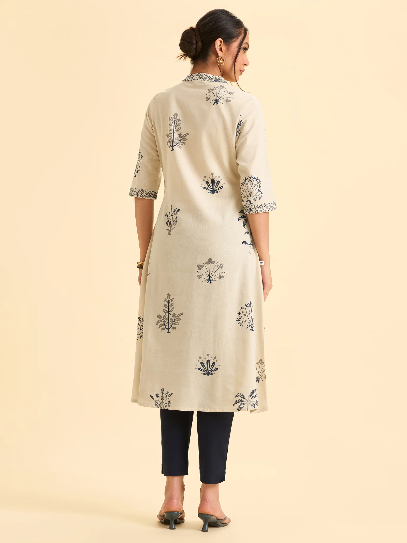 Ivory Cotton Flax Printed Flared Kurti With Embroidery - Image 4