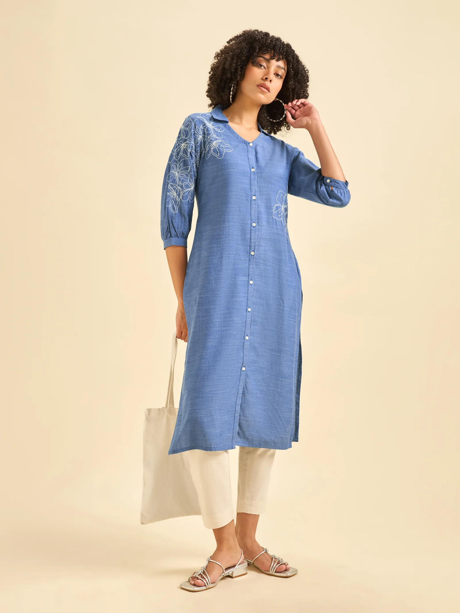 Blue Cotton Viscose Kurti With Embroidery - Image 2