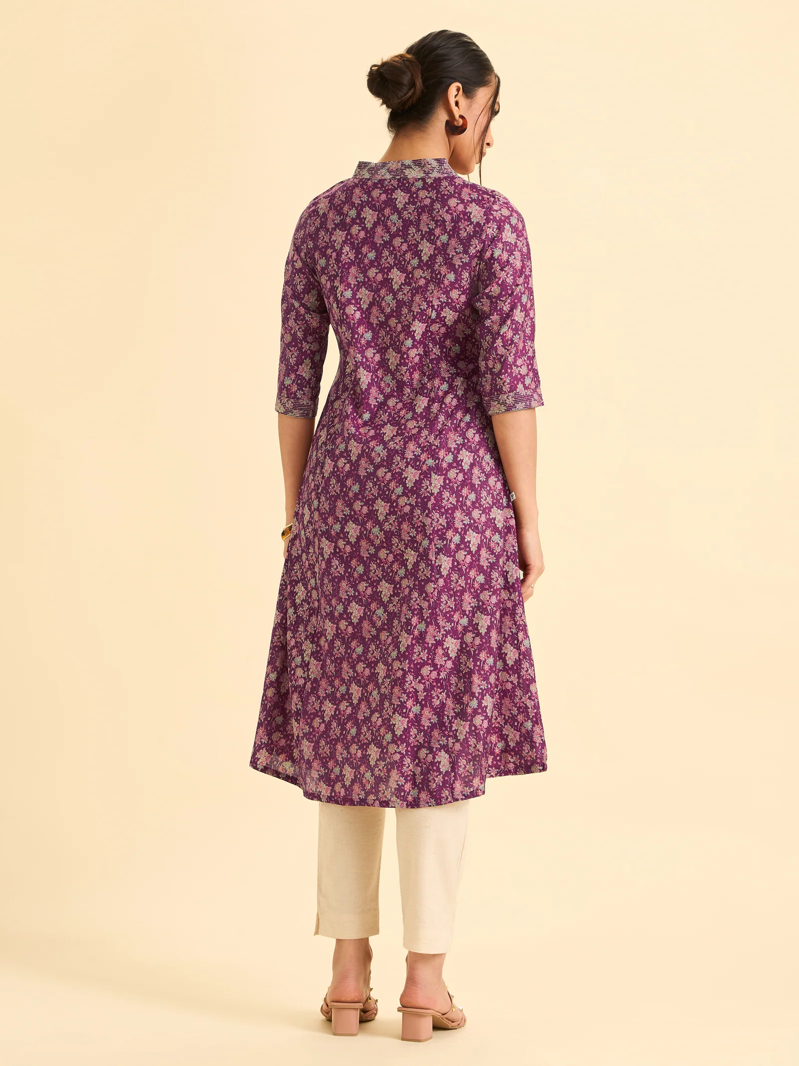 Wine Red Modal Chanderi Printed Flared Princess Cut Kurti With Embroidery - Image 4