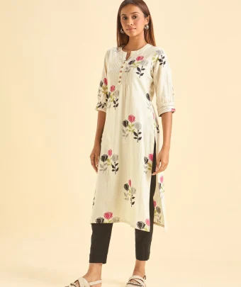 Multicolour Cotton Flax Printed Slitted Kurti With Embroidery On Sleeves And Pintucks