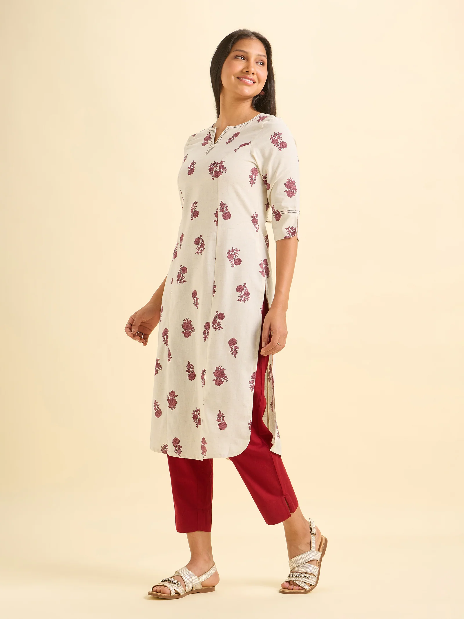 Ivory Maroon Cotton Flax Printed Slitted Kurti With Running Stitch Embroidery - Image 3