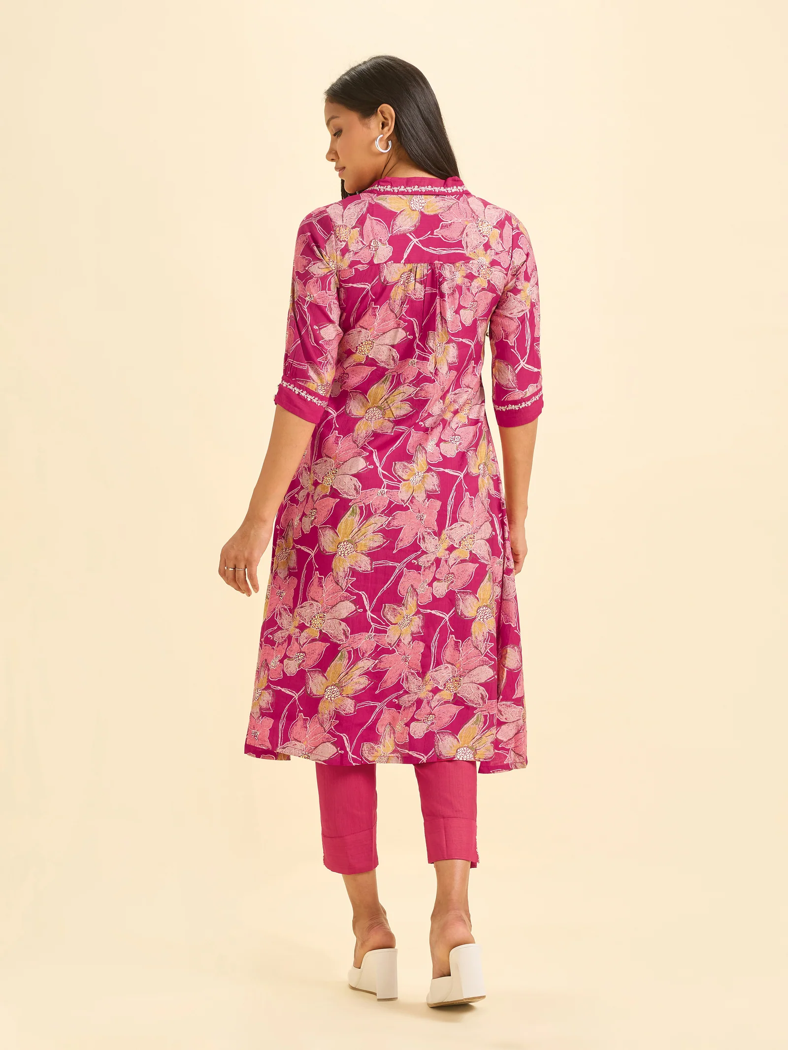Magenta Viscose Blend Foil Printed Flared Kurta Set With Sequins Embroidery - Image 4