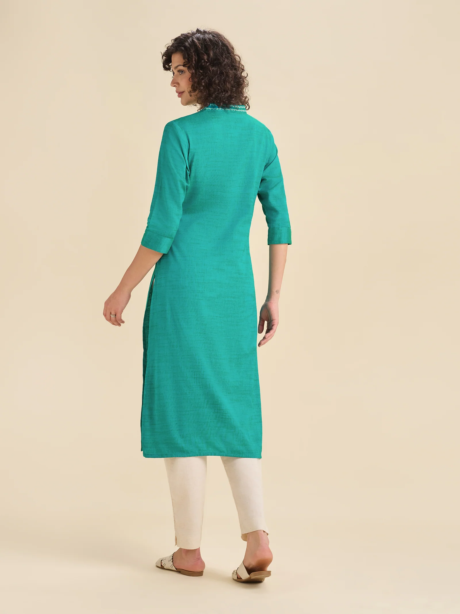 Aqua Green Cotton Viscose Kurti With Embroidery - Image 4