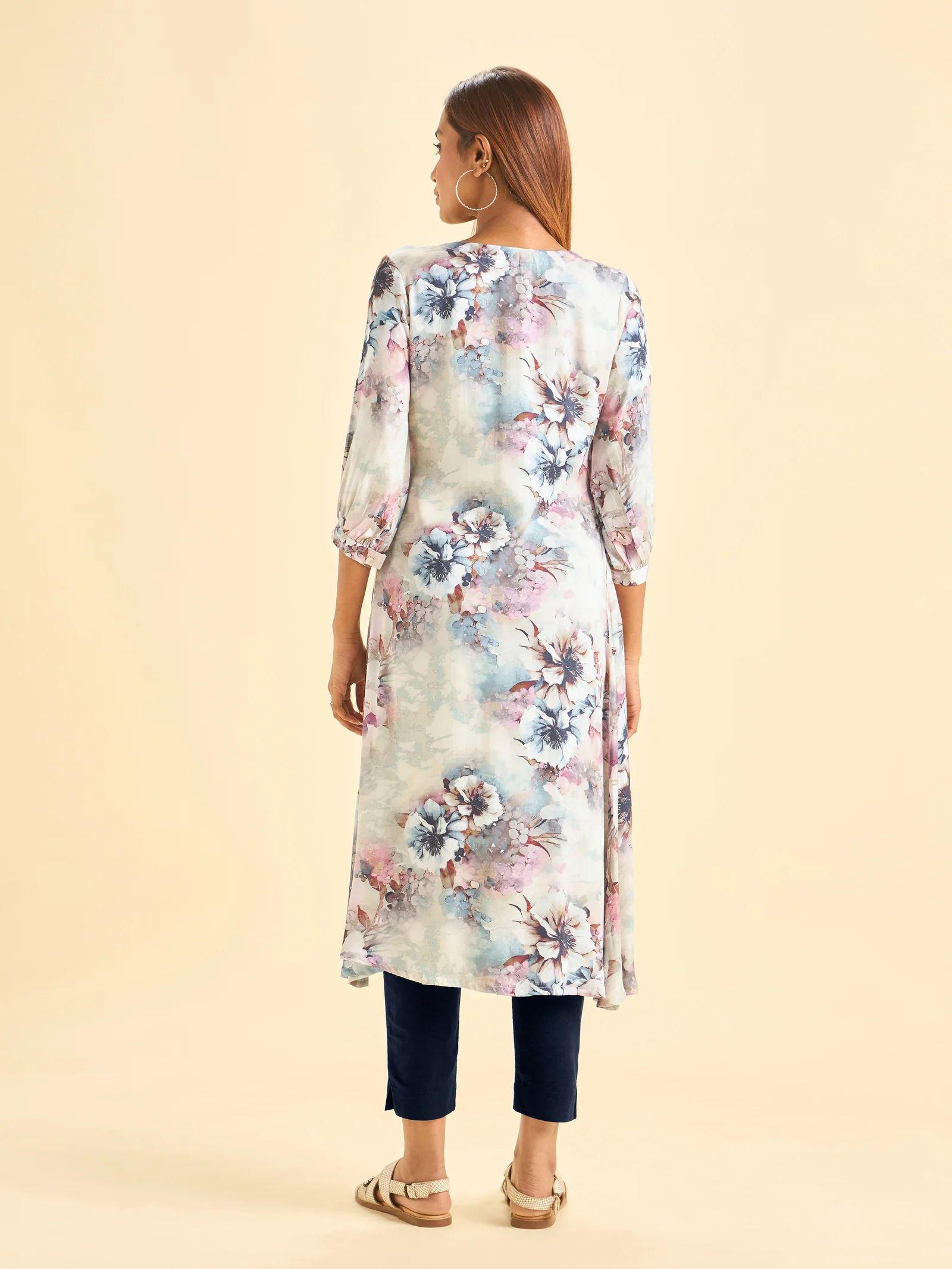 Ivory Modal Satin Printed Flared Kurti - Image 2