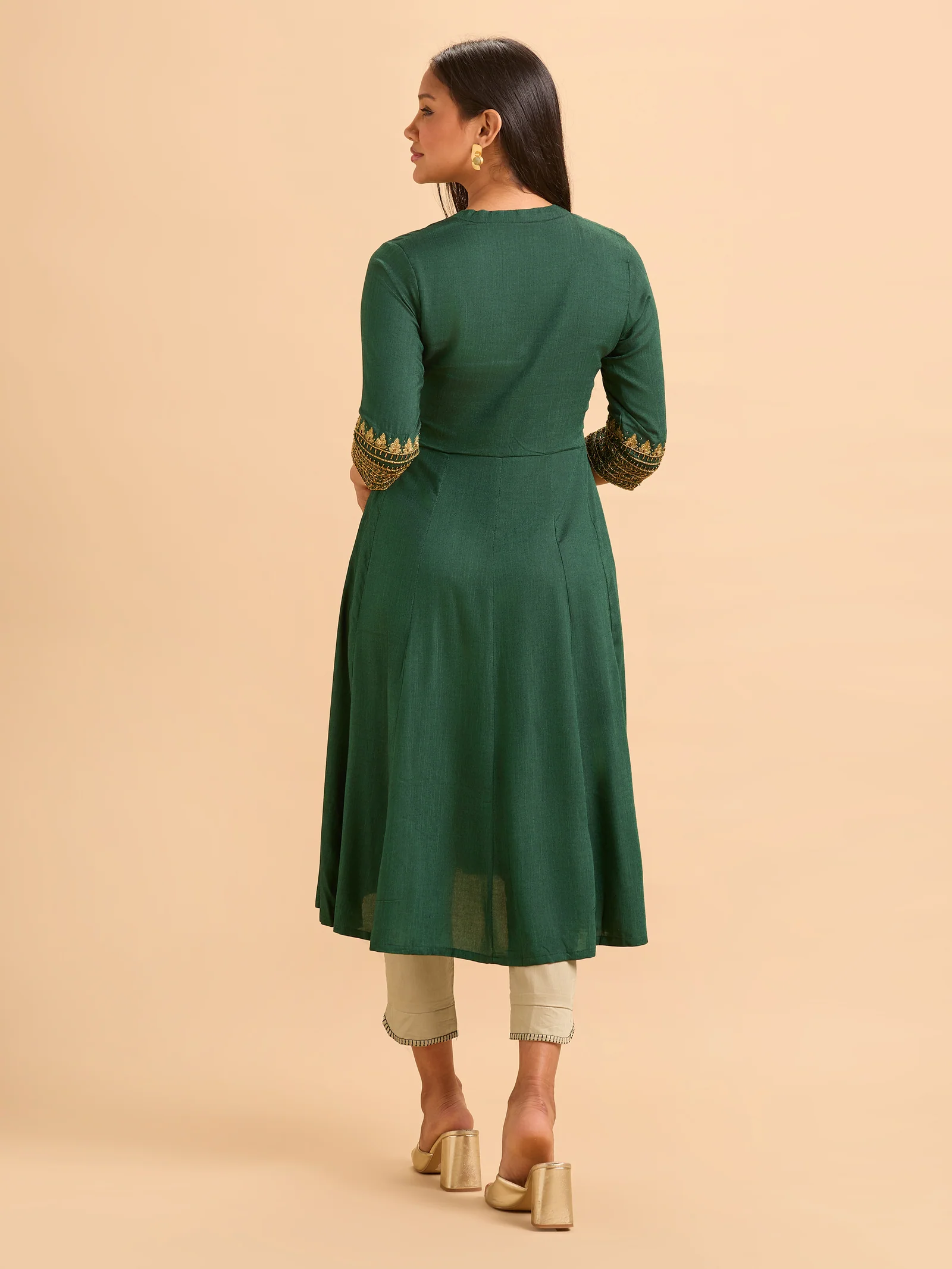 Bottle Green Viscose Kurti And Bottom With Hand Work - Image 4
