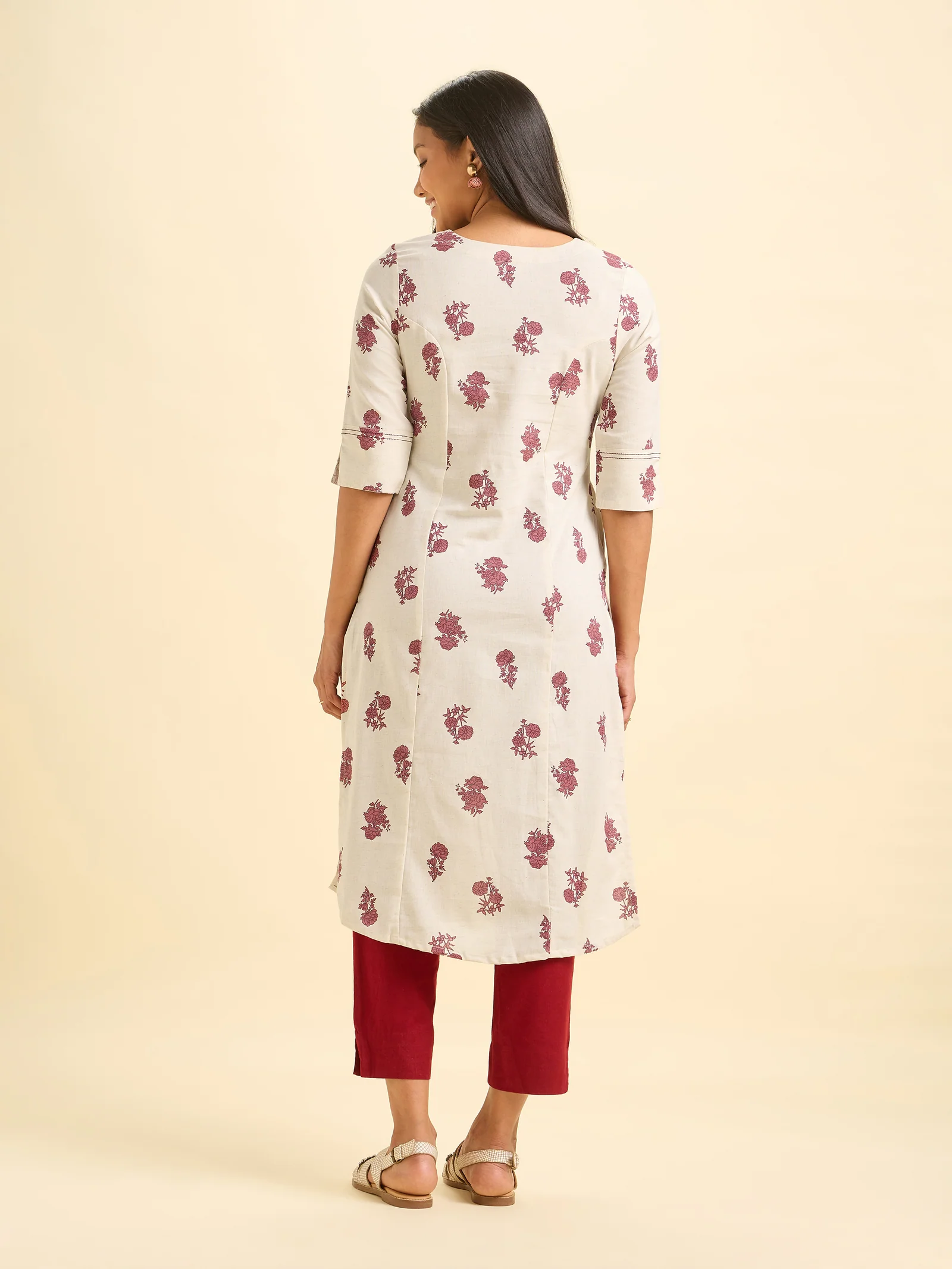 Ivory Maroon Cotton Flax Printed Slitted Kurti With Running Stitch Embroidery - Image 4