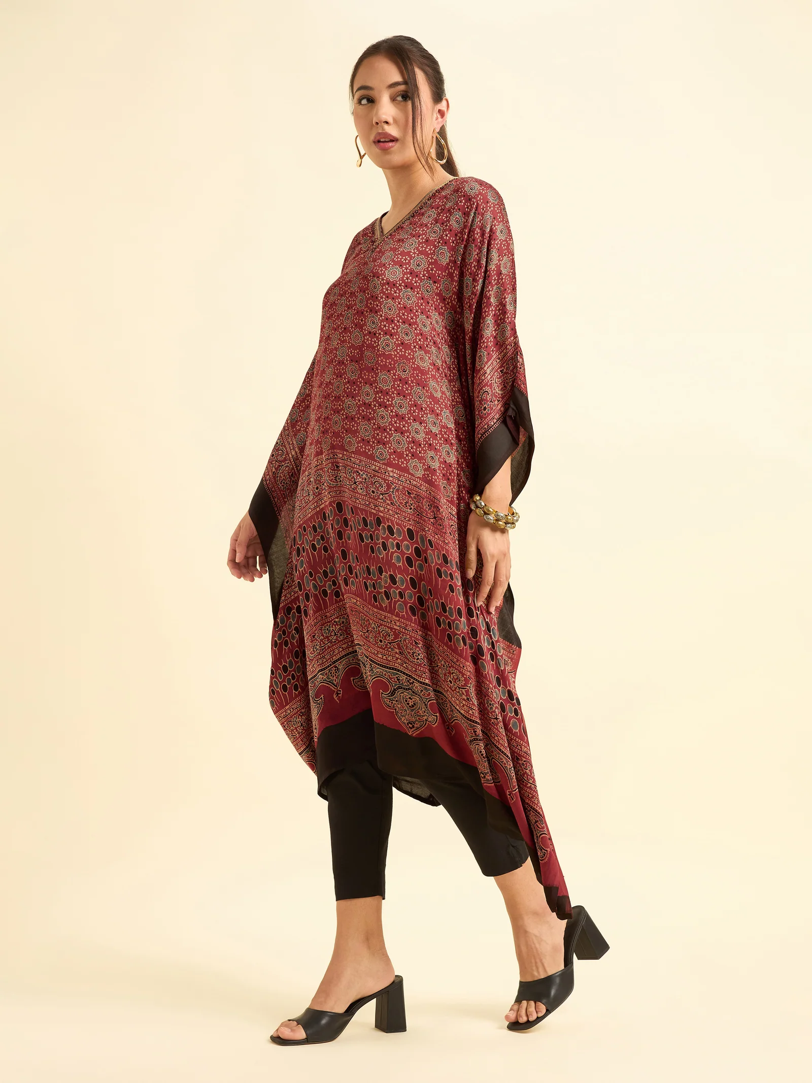 Maroon Multi Colour Modal Satin Kaftan With Embroidery Sequins Work - Image 3