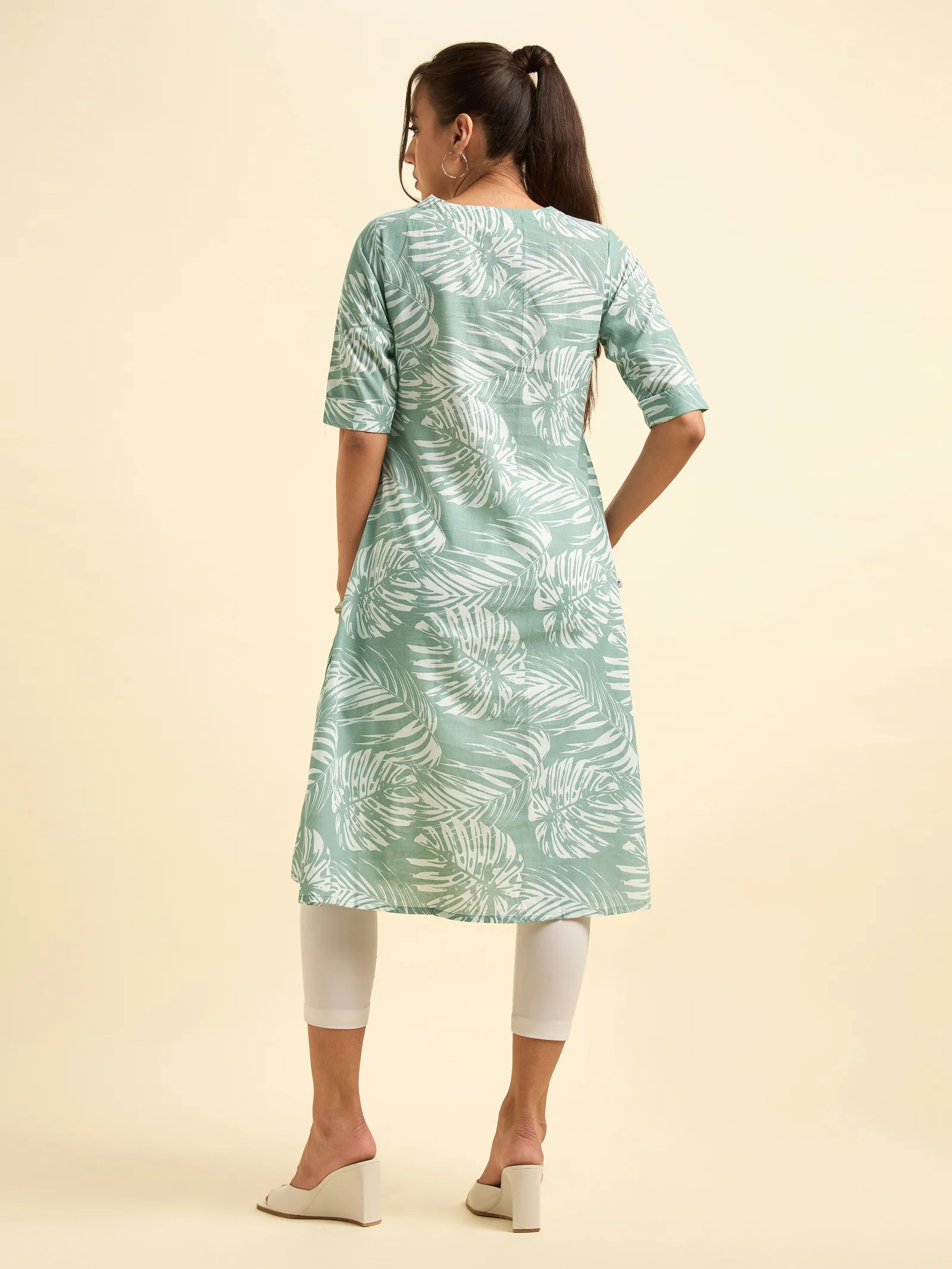 Sage Green And White Cotton Linen Printed Flared Kurti With Knife Pleat - Image 4