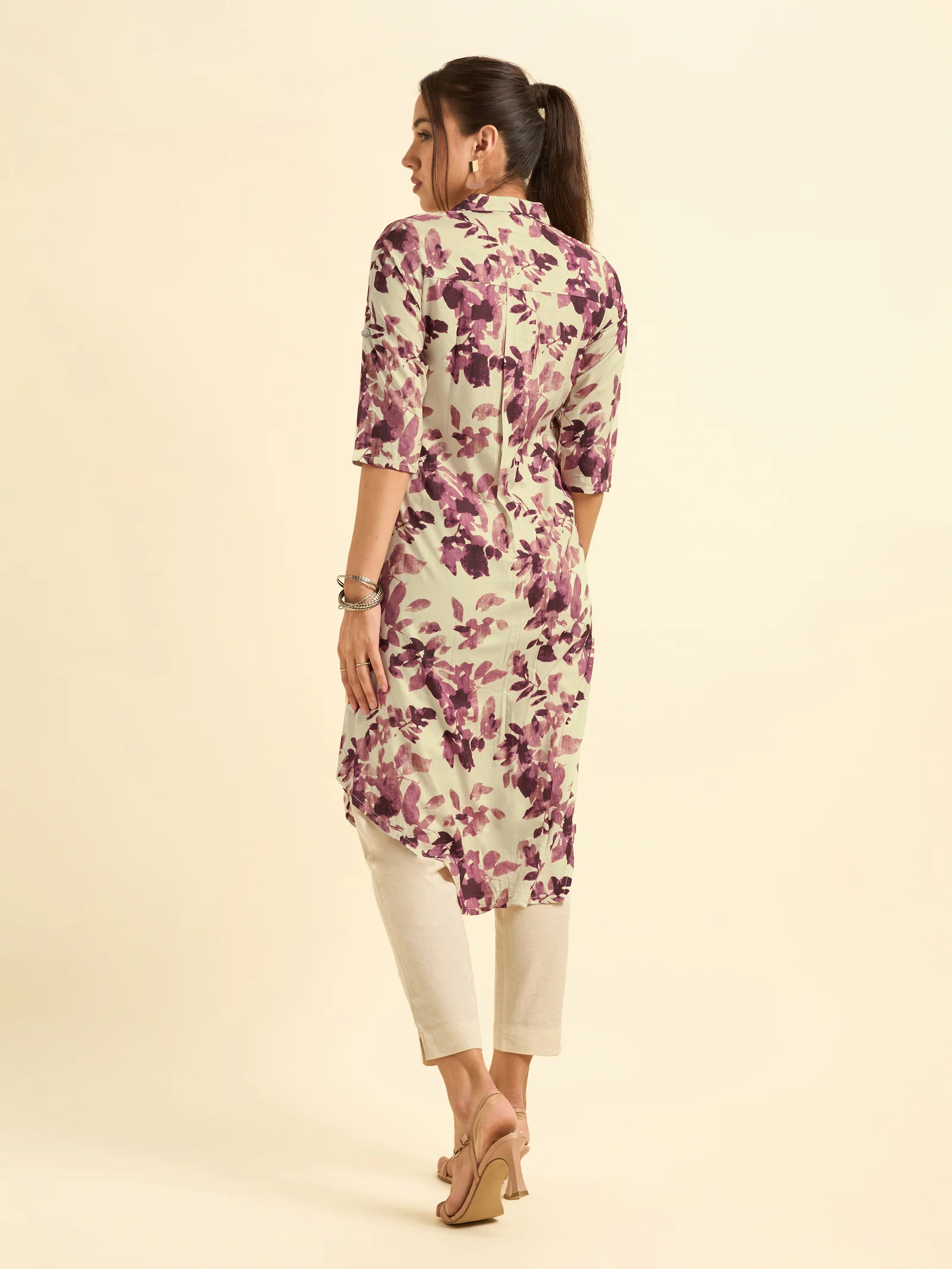 Ivory Wine Red Viscose Printed Kurti With Shaped Hemline - Image 3