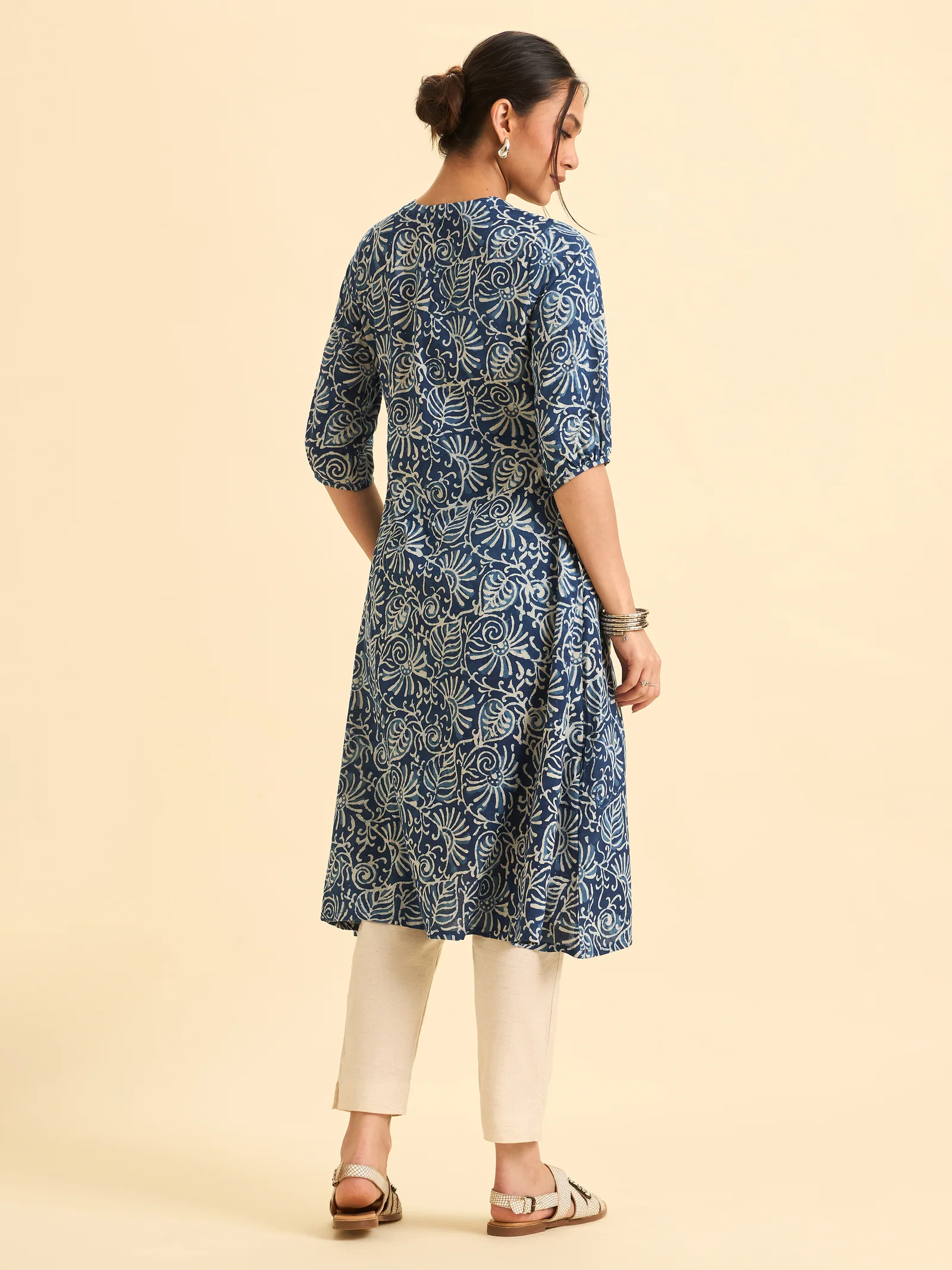 Indigo Pure Cotton Printed Flared Kurti With Sequins Work - Image 4