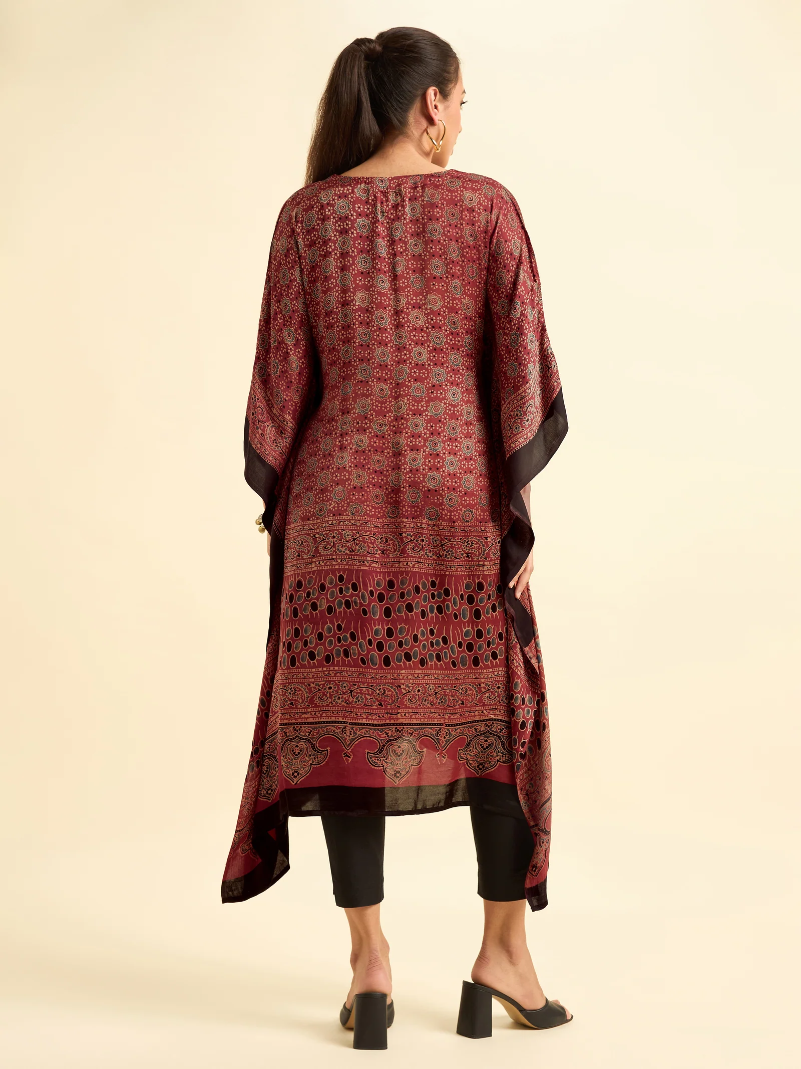 Maroon Multi Colour Modal Satin Kaftan With Embroidery Sequins Work - Image 4