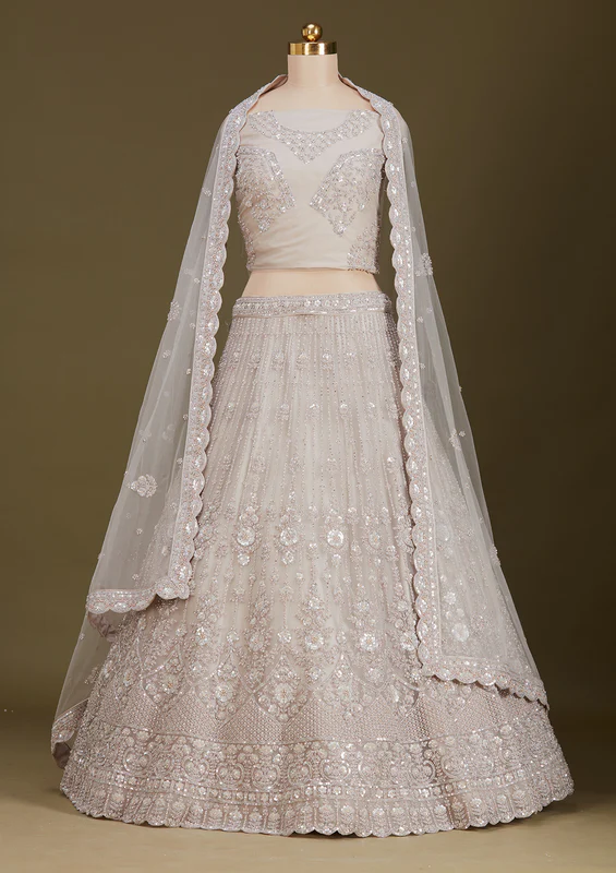 Light Grey Zariwork Net Readymade Lehenga