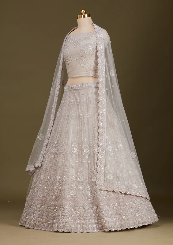 Light Grey Zariwork Net Readymade Lehenga - Image 3