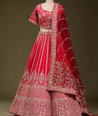 Red Zardosi Raw Silk Readymade Lehenga