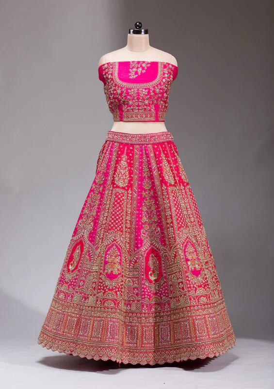Rani Pink Zardosi Raw Silk Semi Stitched Lehenga - Image 4