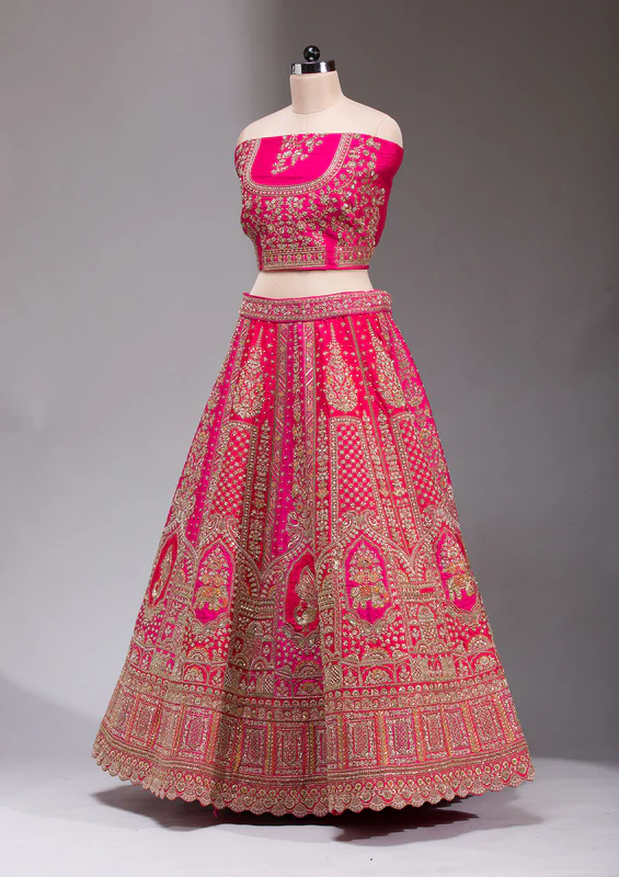 Rani Pink Zardosi Raw Silk Semi Stitched Lehenga - Image 3