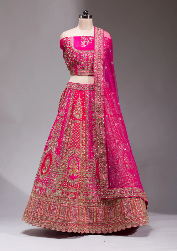 Rani Pink Zardosi Raw Silk Semi Stitched Lehenga
