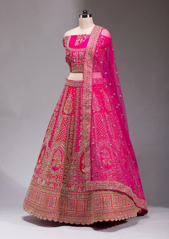Rani Pink Zardosi Raw Silk Semi Stitched Lehenga - Image 2