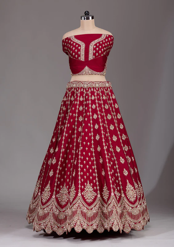 Maroon Zardosi Raw Silk Semi-Stitched Lehenga - Image 5