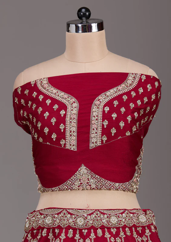 Maroon Zardosi Raw Silk Semi-Stitched Lehenga - Image 4