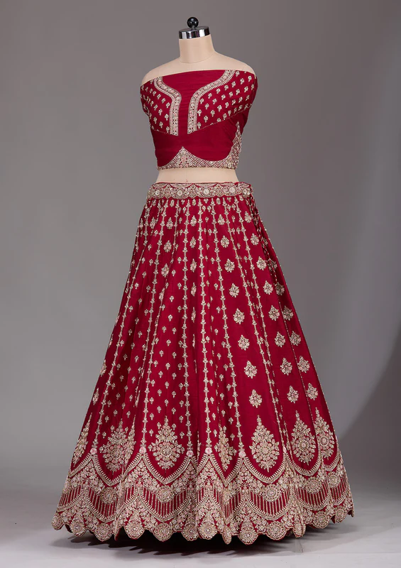 Maroon Zardosi Raw Silk Semi-Stitched Lehenga - Image 2