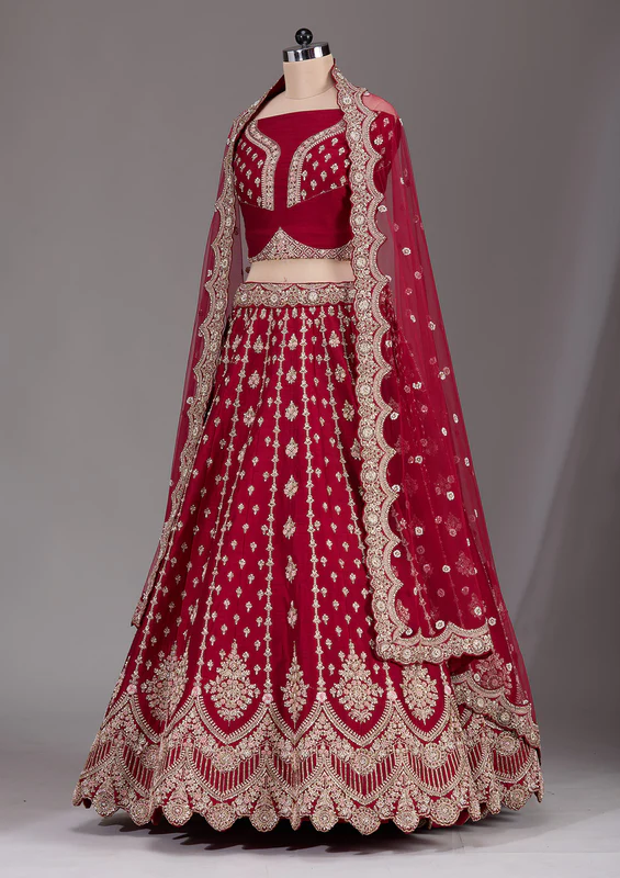 Maroon Zardosi Raw Silk Semi-Stitched Lehenga - Image 3