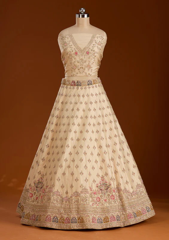 Cream Zardosi Raw Silk Semi-Stitched Lehenga - Image 3