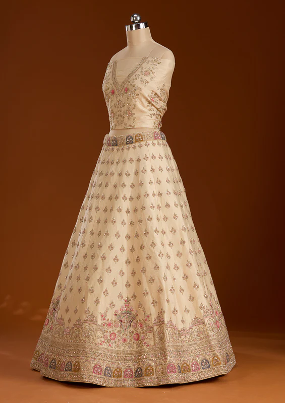 Cream Zardosi Raw Silk Semi-Stitched Lehenga - Image 2