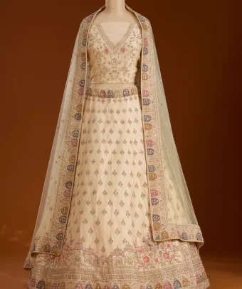 Cream Zardosi Raw Silk Semi-Stitched Lehenga