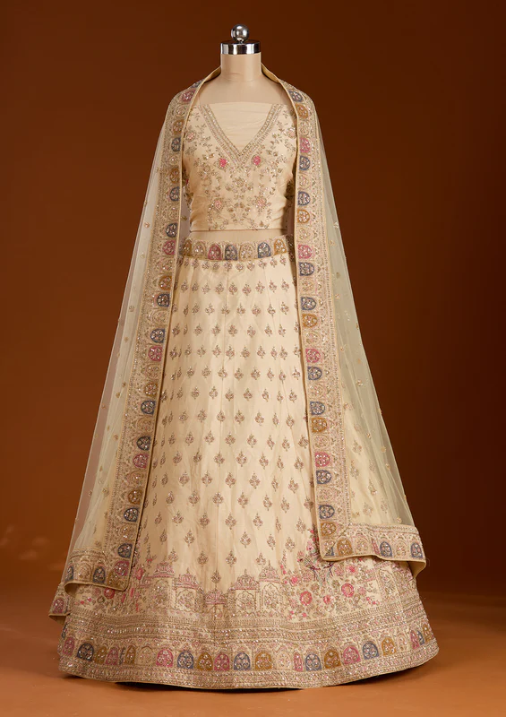 Cream Zardosi Raw Silk Semi-Stitched Lehenga
