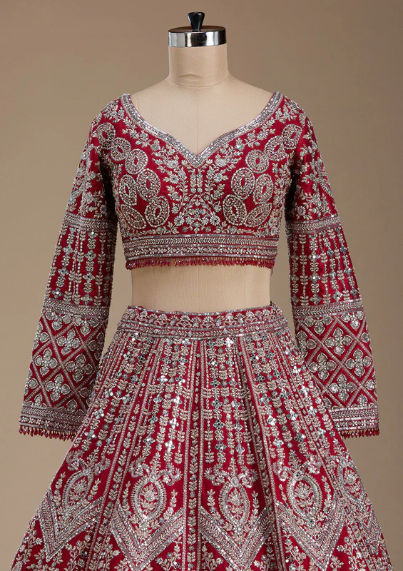 Red Silver Zariwork Raw Silk Readymade Lehenga - Image 4