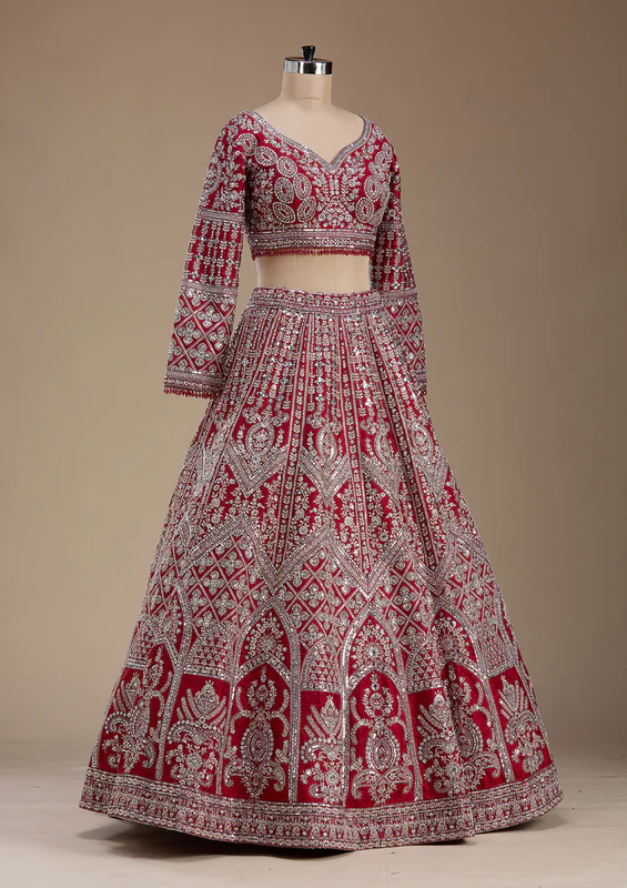 Red Silver Zariwork Raw Silk Readymade Lehenga - Image 3
