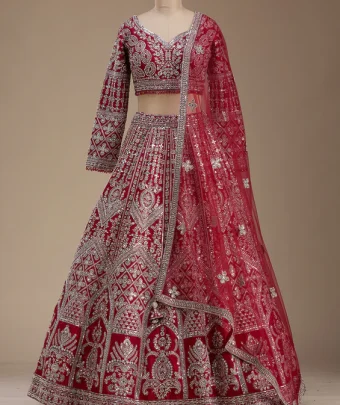 Red Silver Zariwork Raw Silk Readymade Lehenga