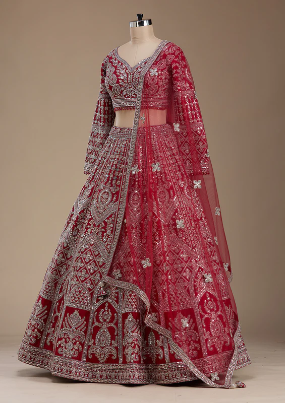 Red Silver Zariwork Raw Silk Readymade Lehenga - Image 2