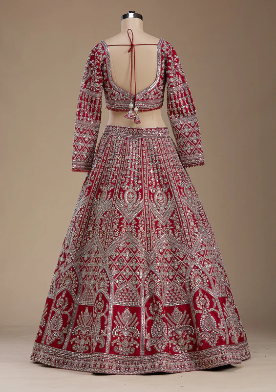 Red Silver Zariwork Raw Silk Readymade Lehenga - Image 5