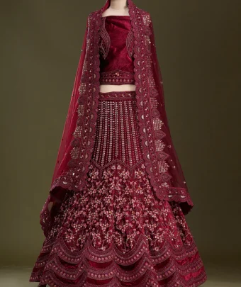 Maroon Zariwork Velvet Semi-Stitched Lehenga