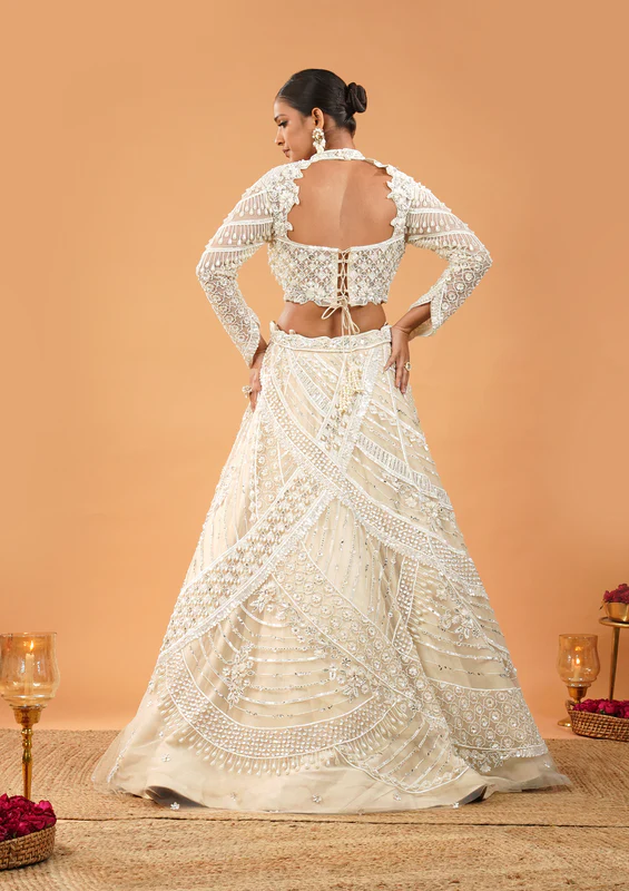 Cream Pearlwork Net Readymade Lehenga - Image 4