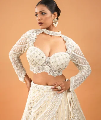 Cream Pearlwork Net Readymade Lehenga
