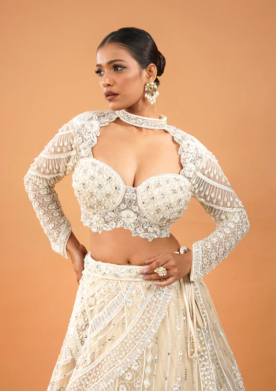 Cream Pearlwork Net Readymade Lehenga