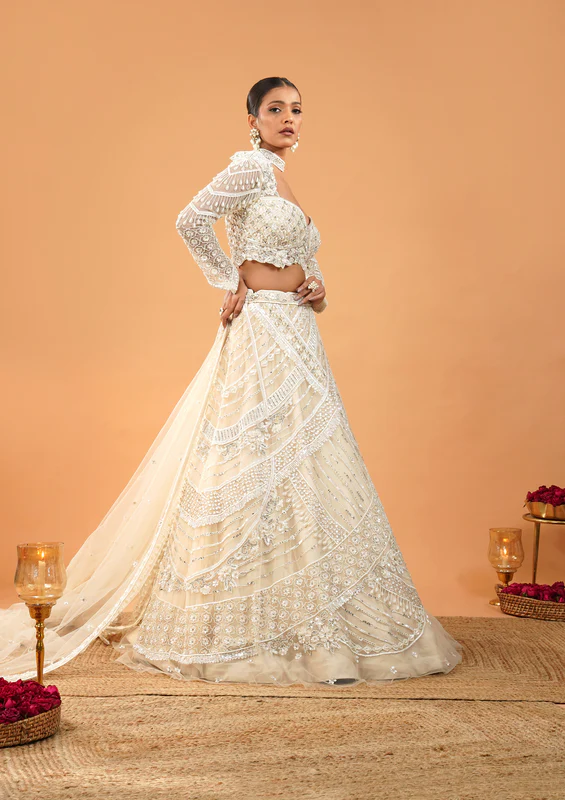 Cream Pearlwork Net Readymade Lehenga - Image 3