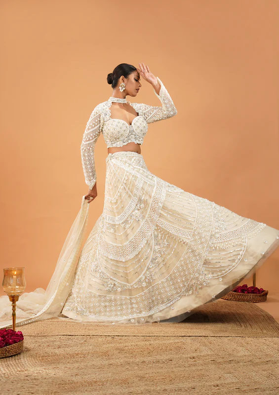 Cream Pearlwork Net Readymade Lehenga - Image 2