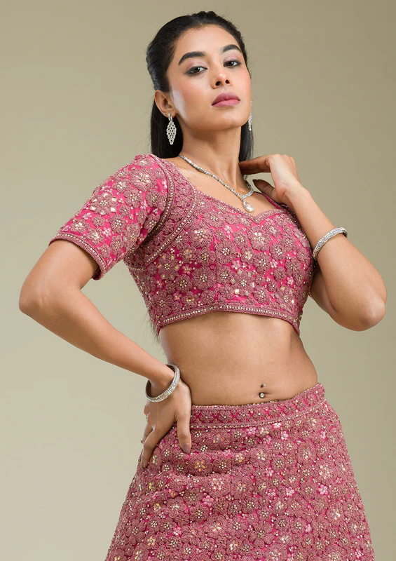 Pink Zariwork Tissue Semi Stitched Lehenga - Image 4