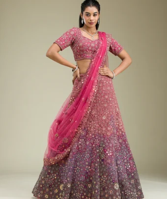 Pink Zariwork Tissue Semi Stitched Lehenga