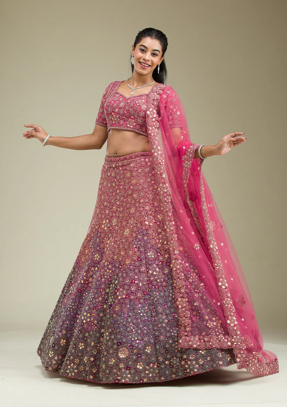 Pink Zariwork Tissue Semi Stitched Lehenga - Image 3
