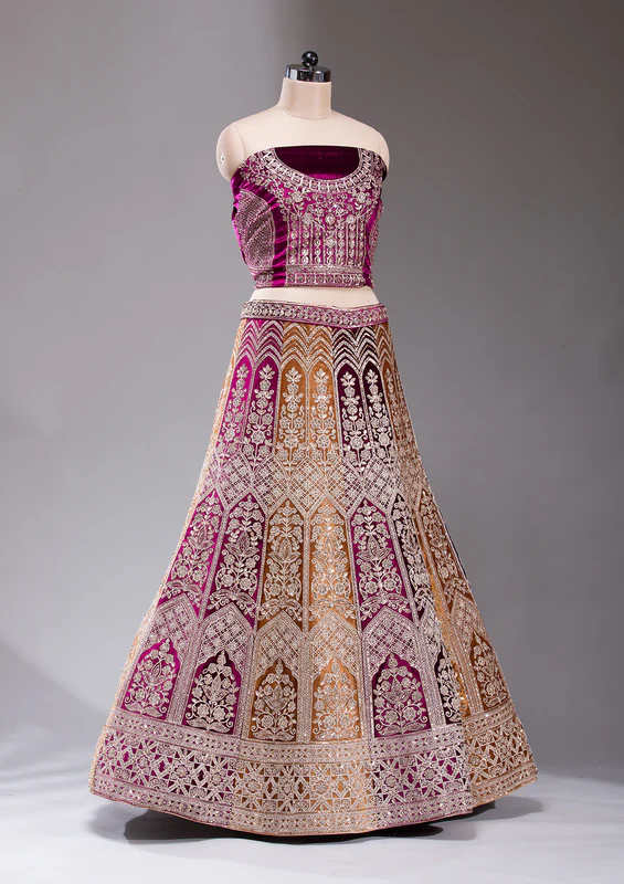Wine Sequins Velvet Semi-Stitched Lehenga - Image 4