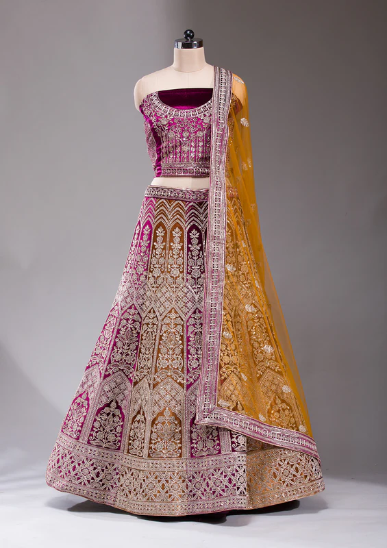 Wine Sequins Velvet Semi-Stitched Lehenga
