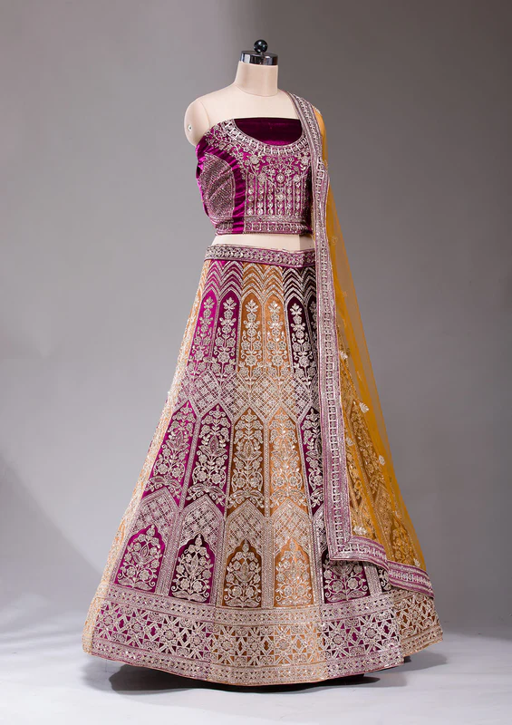Wine Sequins Velvet Semi-Stitched Lehenga - Image 2