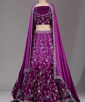 Wine Silver Zariwork Satin Readymade Lehenga