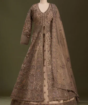 Beige Zariwork Net Readymade Lehenga